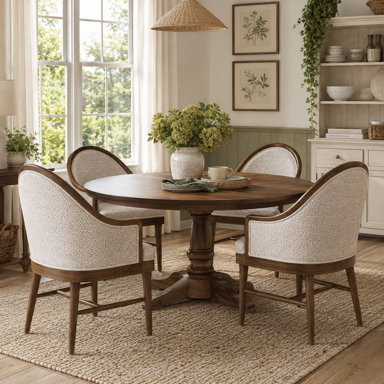 Chelan beige upholstered dining armchair set in an elegant dining room with wood furniture