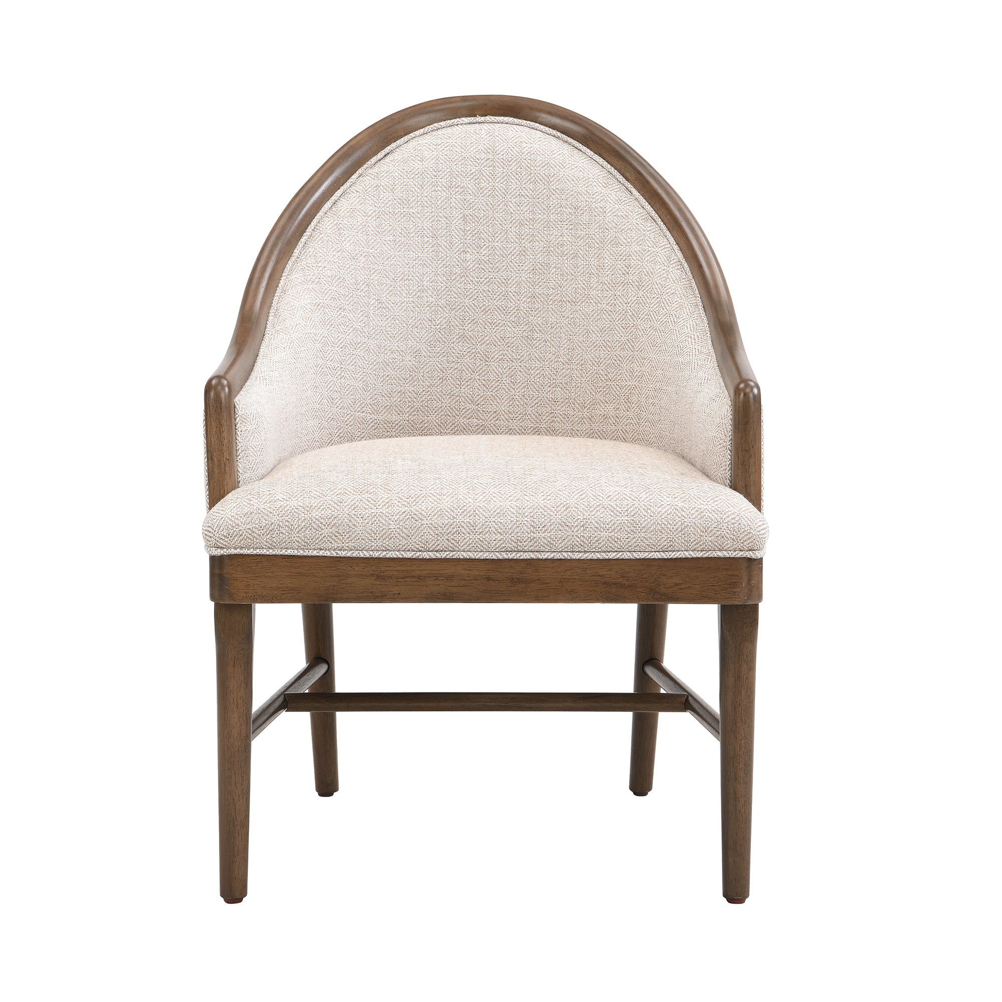 Chelan beige upholstered dining armchair straight front view with wraparound rubberwood frame on white background