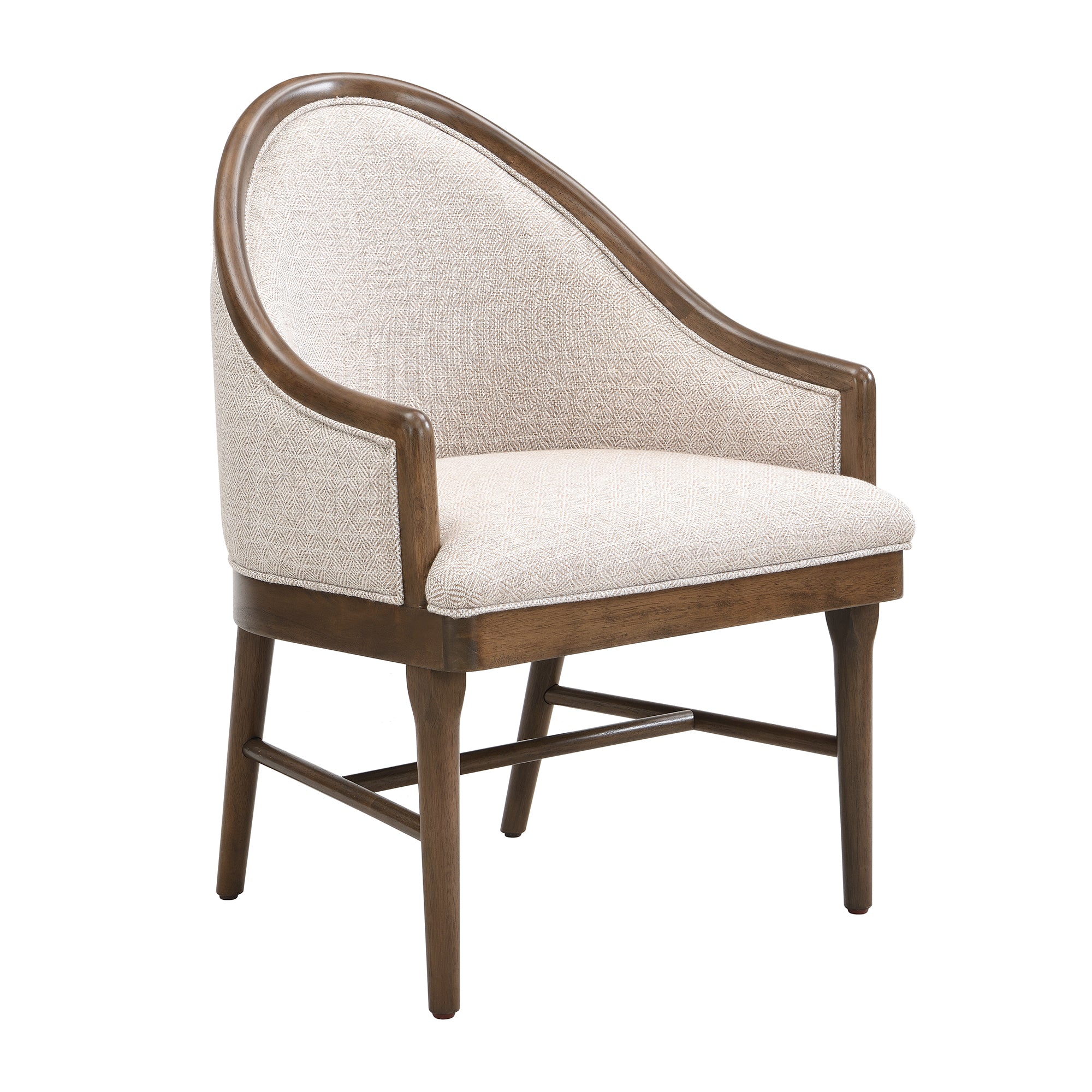 Chelan beige dining armchair front angled view with curved wood arms on white background