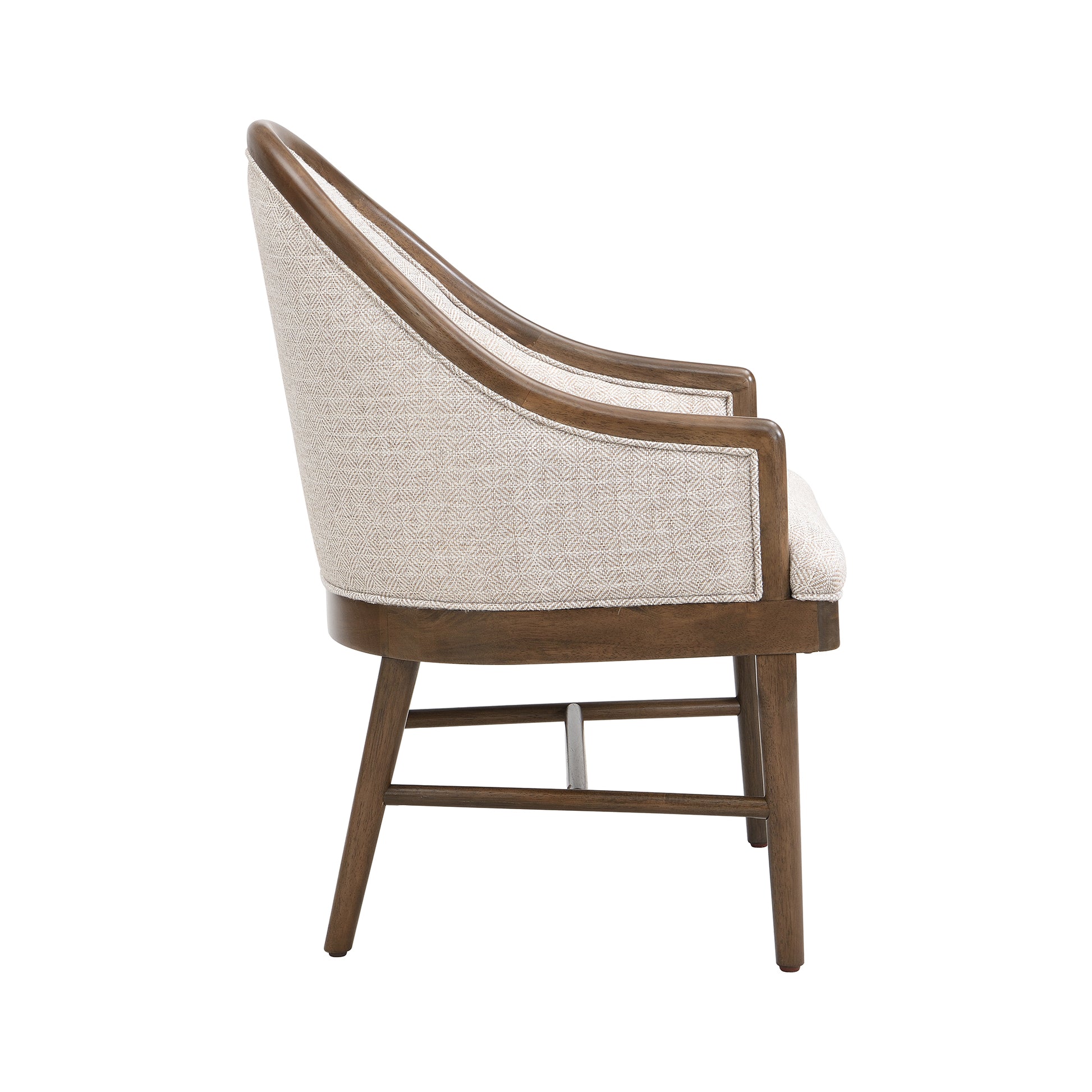 Chelan beige upholstered dining armchair side view on white background