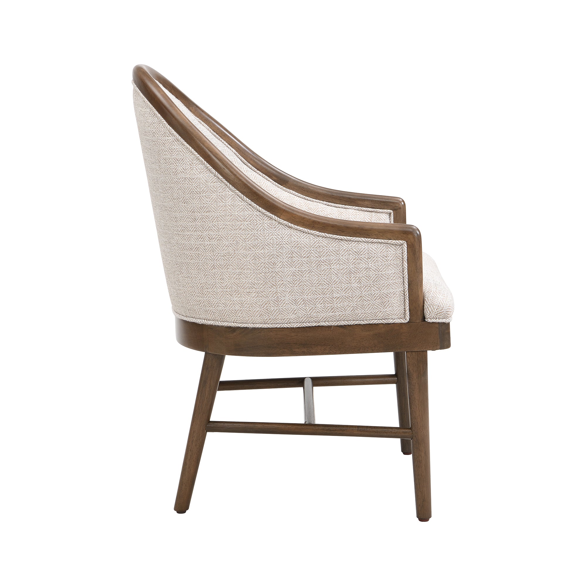 Chelan beige upholstered dining armchair side view on white background