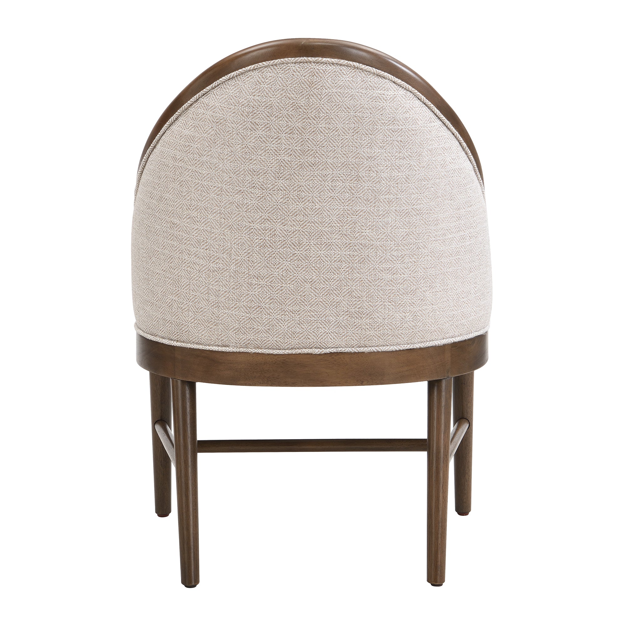 Chelan beige dining armchair rear view showing the wraparound wood frame on white background