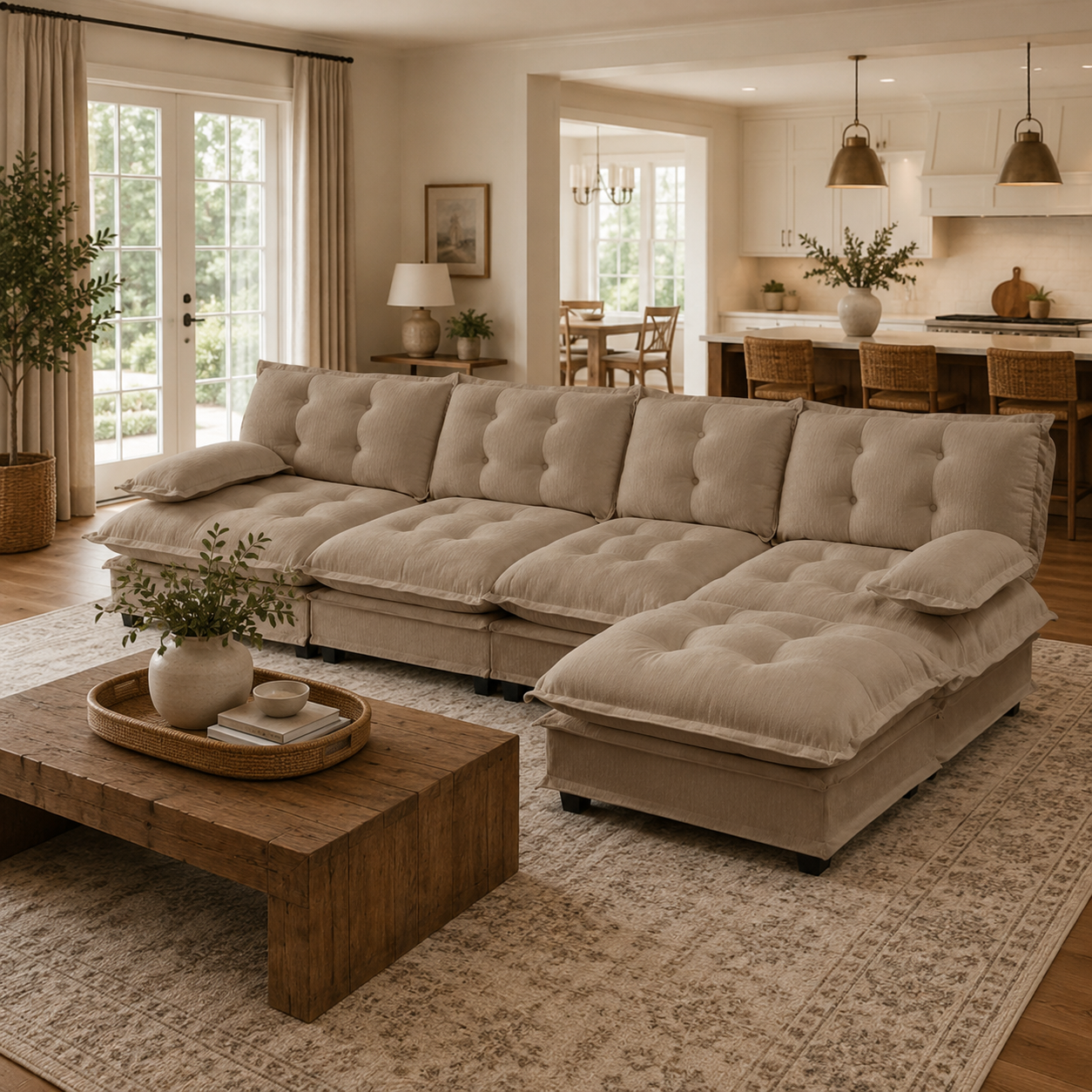 Chelsea 138" Tufted Chenille L-Shaped Modular Sectional Sofa with Ottoman
