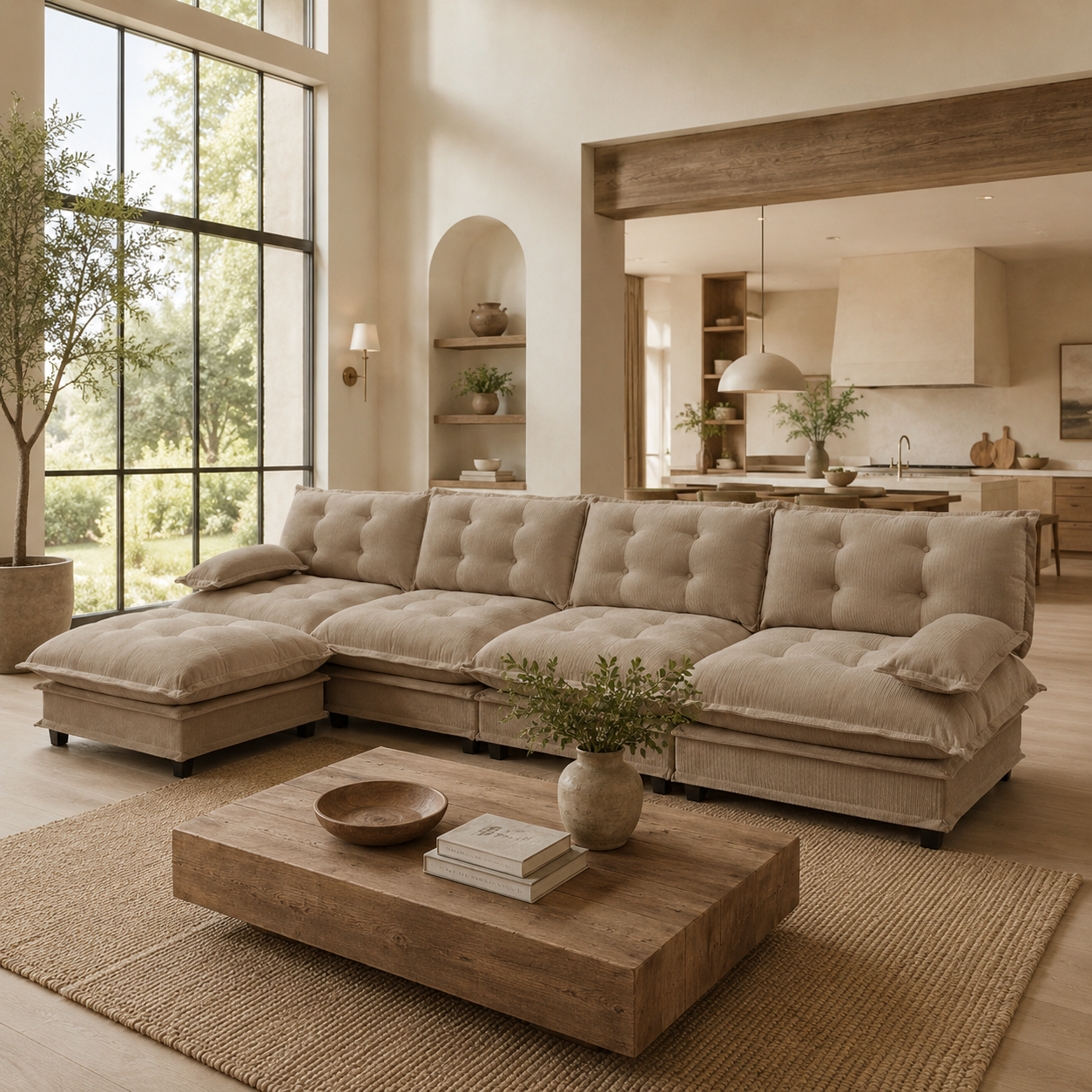Chelsea 138" Tufted Chenille L-Shaped Modular Sectional Sofa with Ottoman