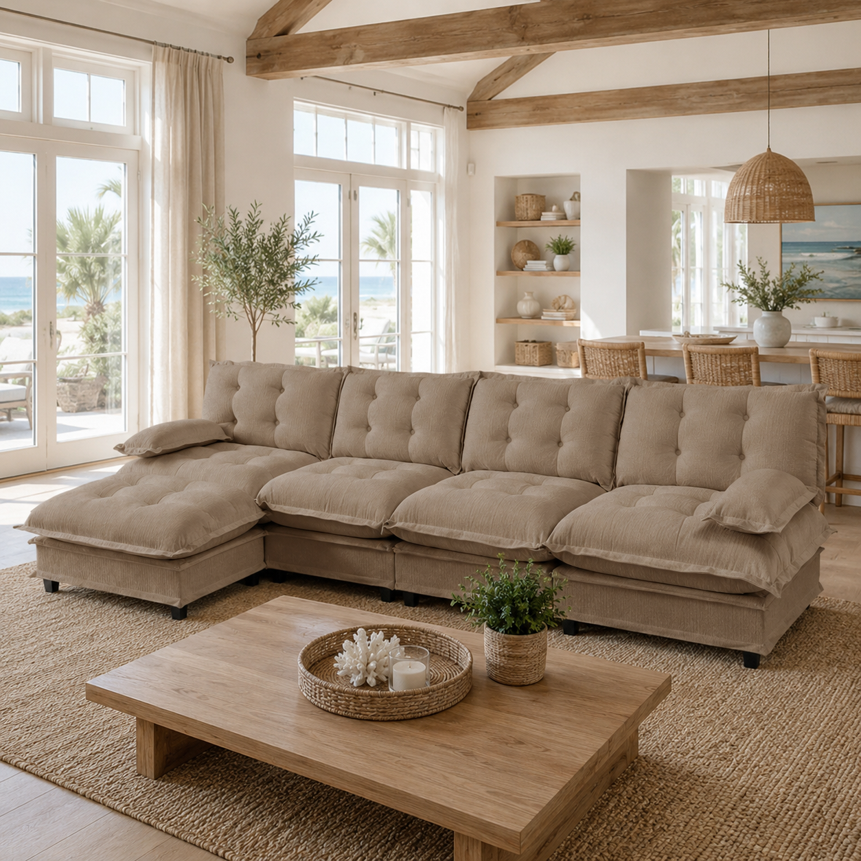 Chelsea 138" Tufted Chenille L-Shaped Modular Sectional Sofa with Ottoman