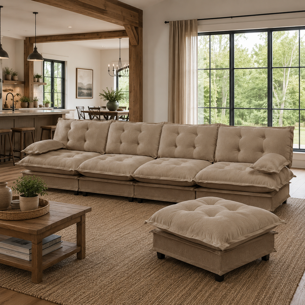 Chelsea 138" Tufted Chenille L-Shaped Modular Sectional Sofa with Ottoman