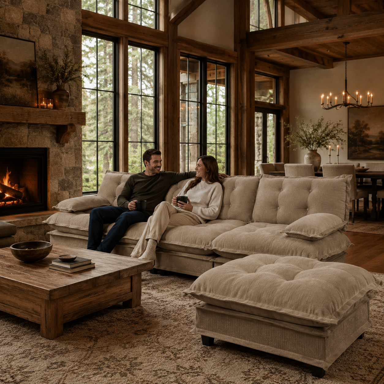 Chelsea 138" Tufted Chenille L-Shaped Modular Sectional Sofa with Ottoman