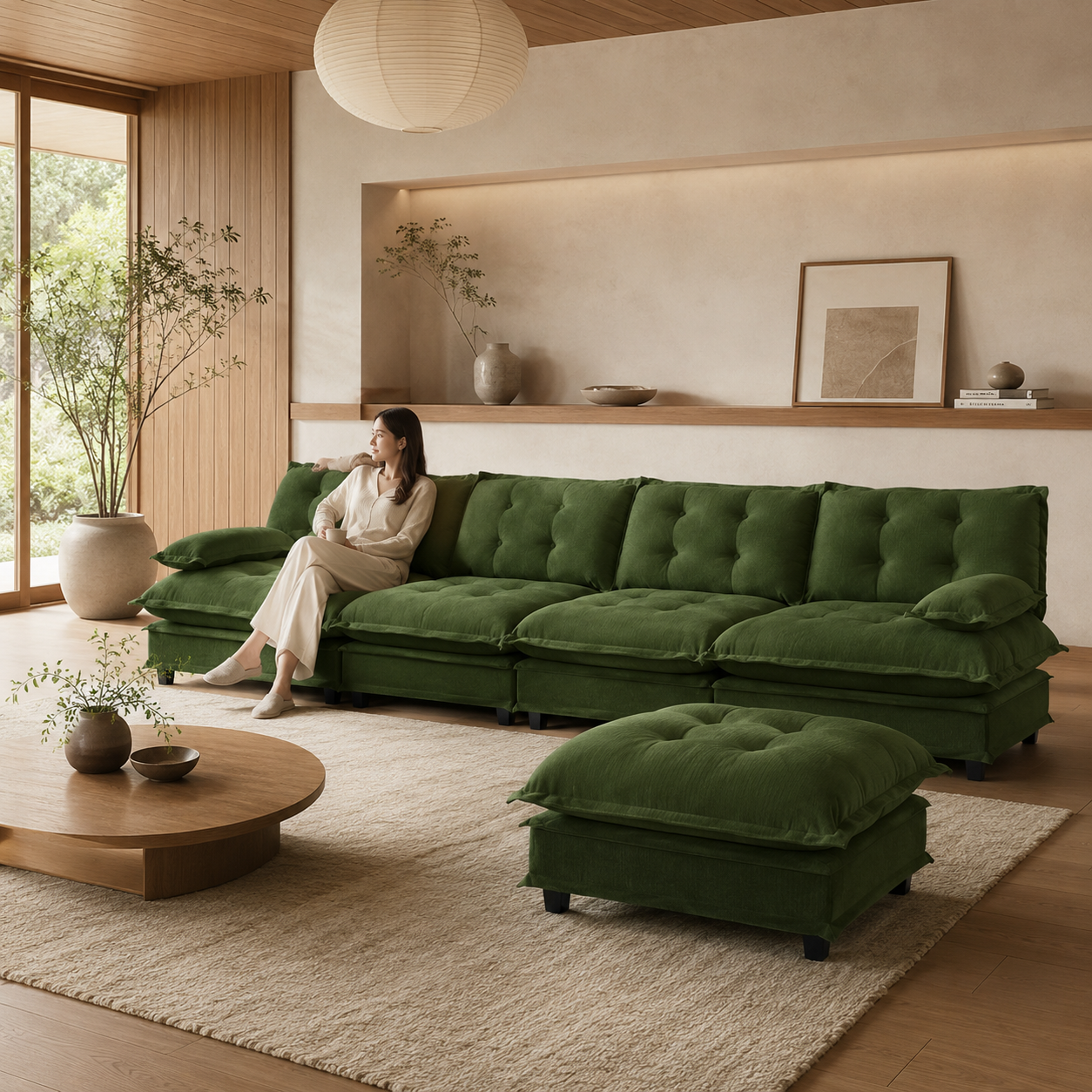 Chelsea 138" Tufted Chenille L-Shaped Modular Sectional Sofa with Ottoman