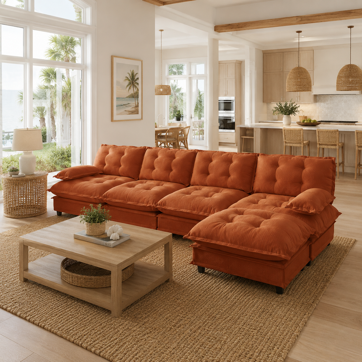 Chelsea 138" Tufted Chenille L-Shaped Modular Sectional Sofa with Ottoman