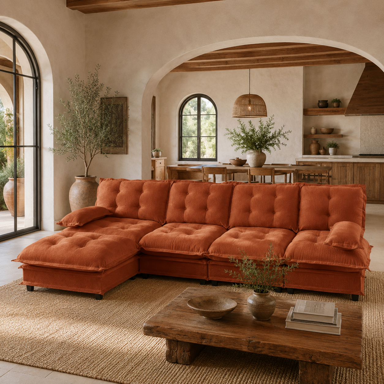 Chelsea 138" Tufted Chenille L-Shaped Modular Sectional Sofa with Ottoman