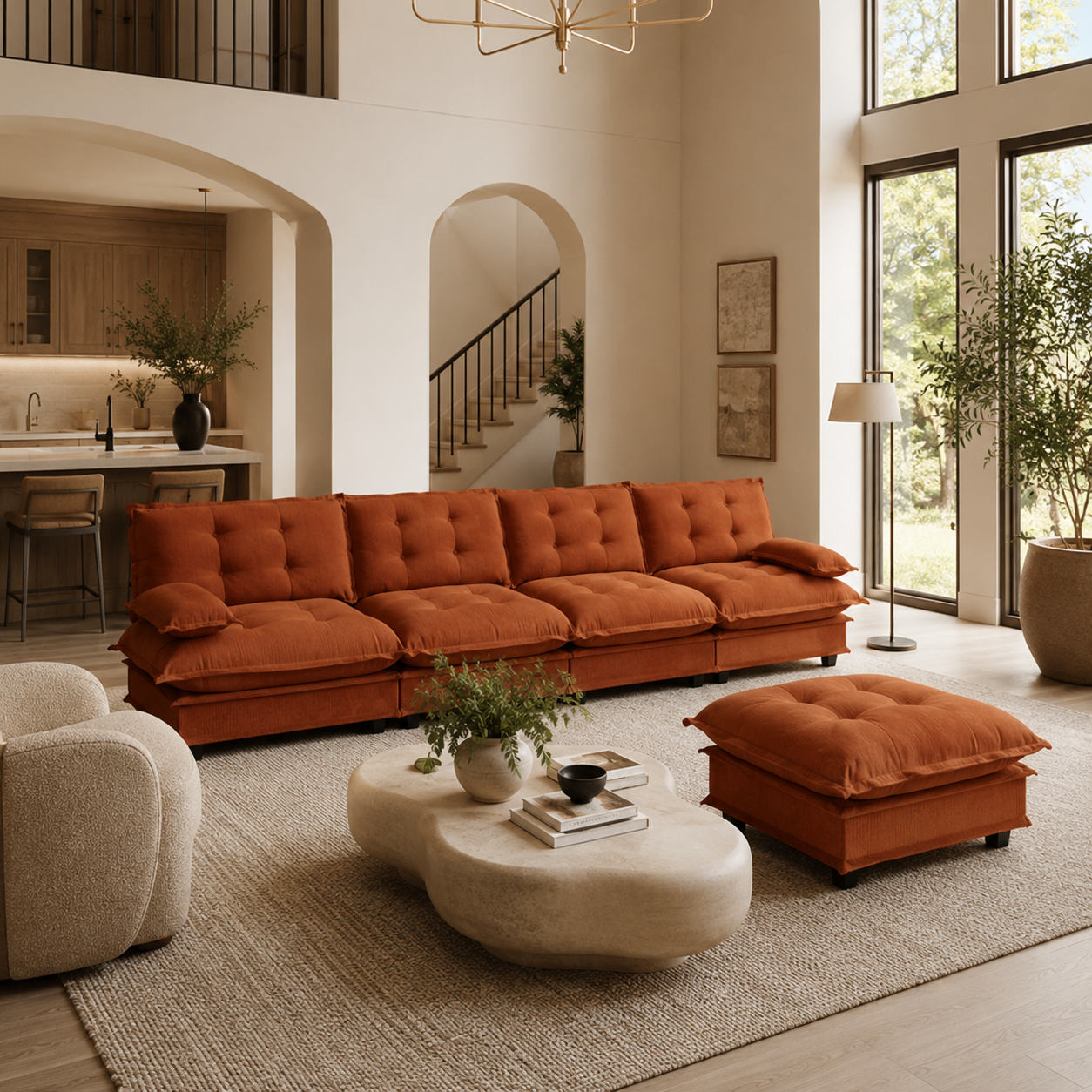 Chelsea 138" Tufted Chenille L-Shaped Modular Sectional Sofa with Ottoman
