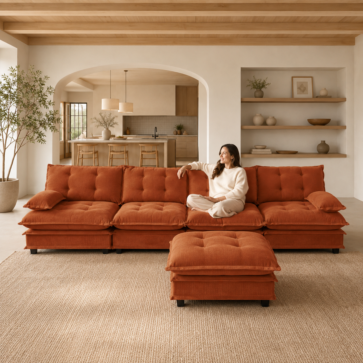 Chelsea 138" Tufted Chenille L-Shaped Modular Sectional Sofa with Ottoman