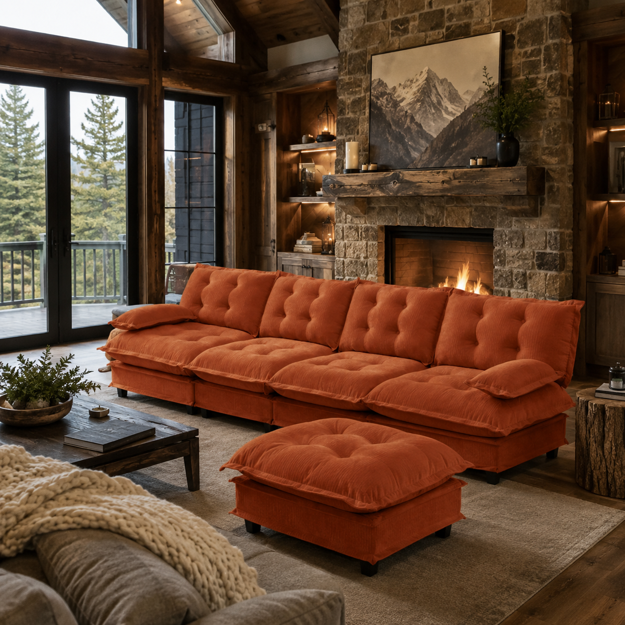 Chelsea 138" Tufted Chenille L-Shaped Modular Sectional Sofa with Ottoman