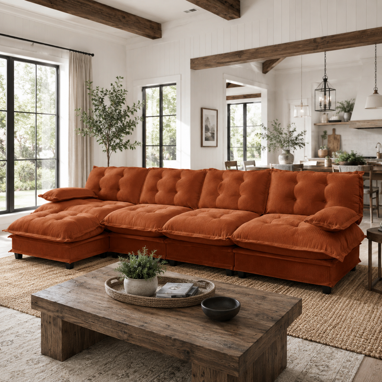 Chelsea 138" Tufted Chenille L-Shaped Modular Sectional Sofa with Ottoman