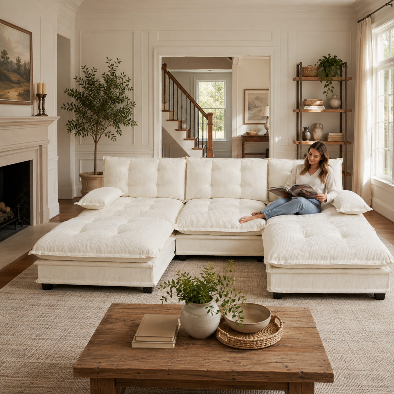 Chelsea 107" Modular Tufted Chenille U-Shaped Sectional Sofa with 2 Ottomans