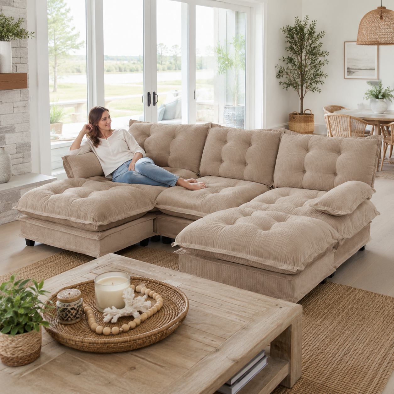 Chelsea 107" Modular Tufted Chenille U-Shaped Sectional Sofa with 2 Ottomans