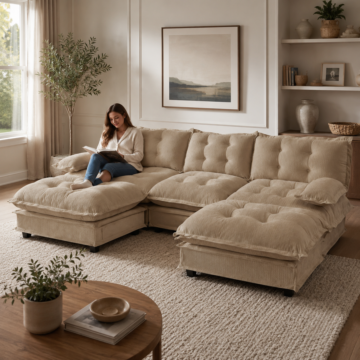 Chelsea 107" Modular Tufted Chenille U-Shaped Sectional Sofa with 2 Ottomans