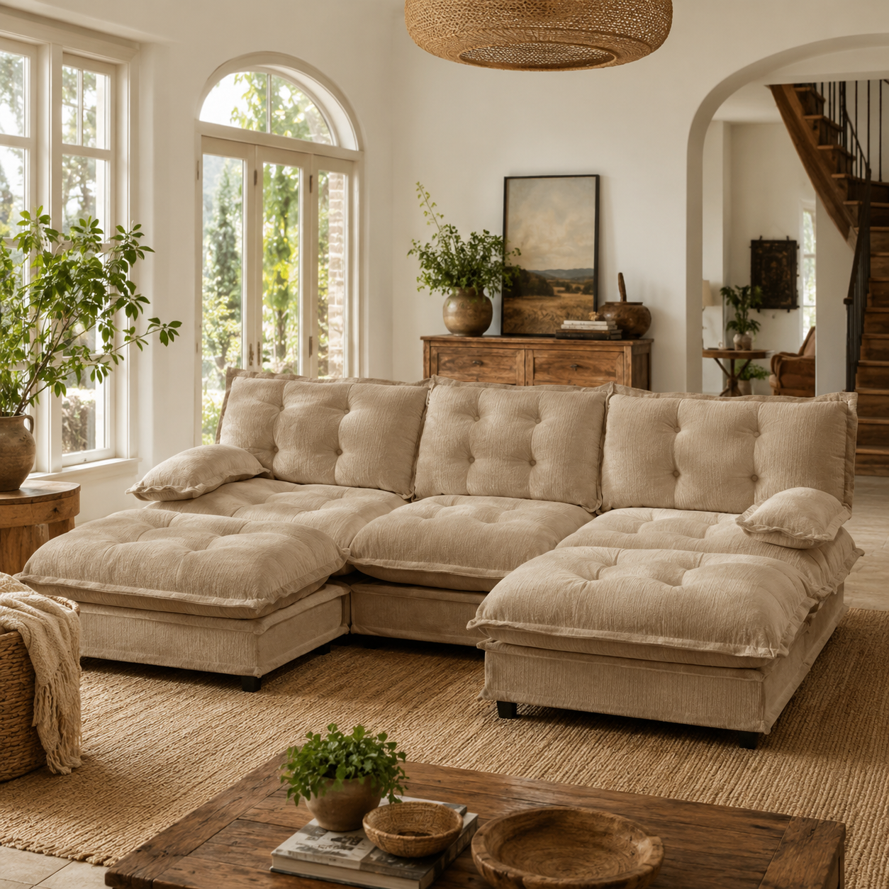 Chelsea 107" Modular Tufted Chenille U-Shaped Sectional Sofa with 2 Ottomans