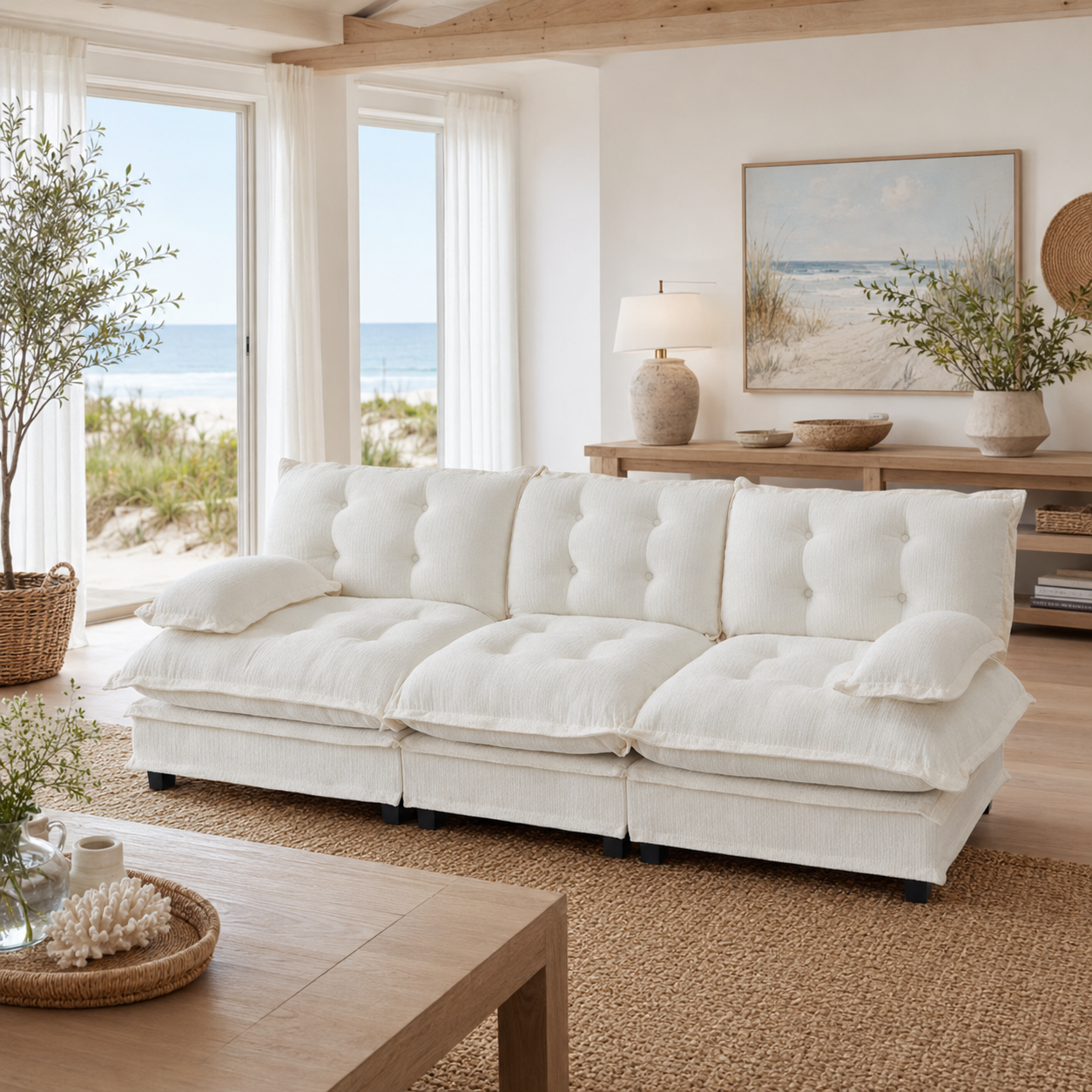 Chelsea 107" Tufted Chenille 3-Seater Modular Sofa Couch with Removable Armrest