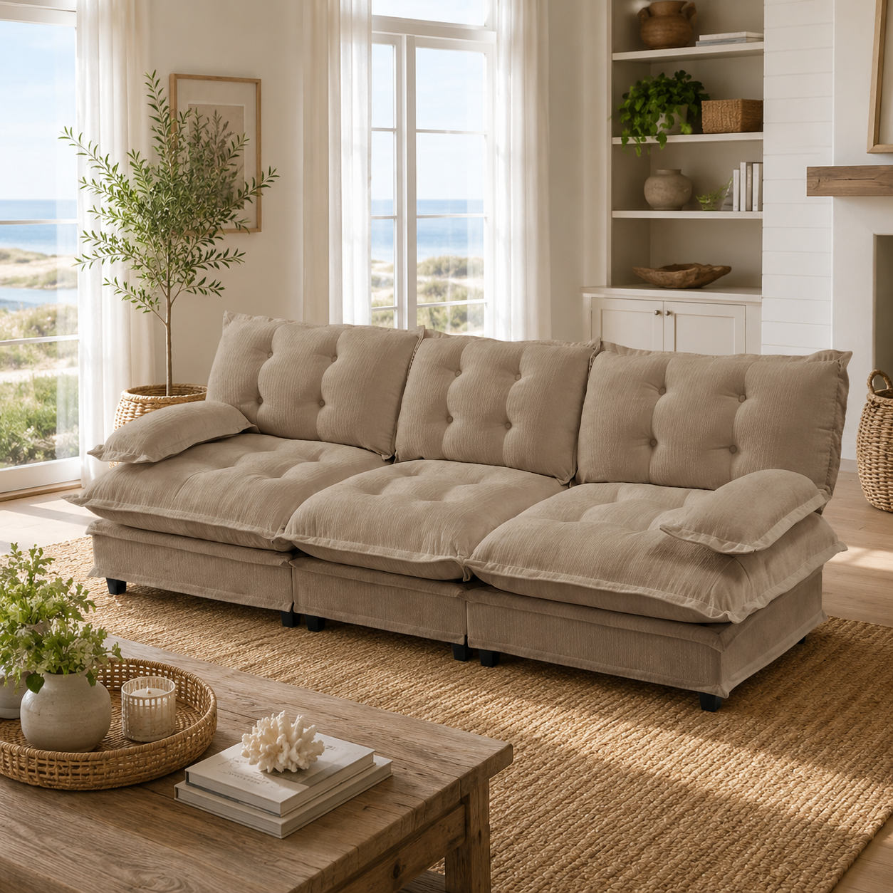 Chelsea 107" Tufted Chenille 3-Seater Modular Sofa Couch with Removable Armrest