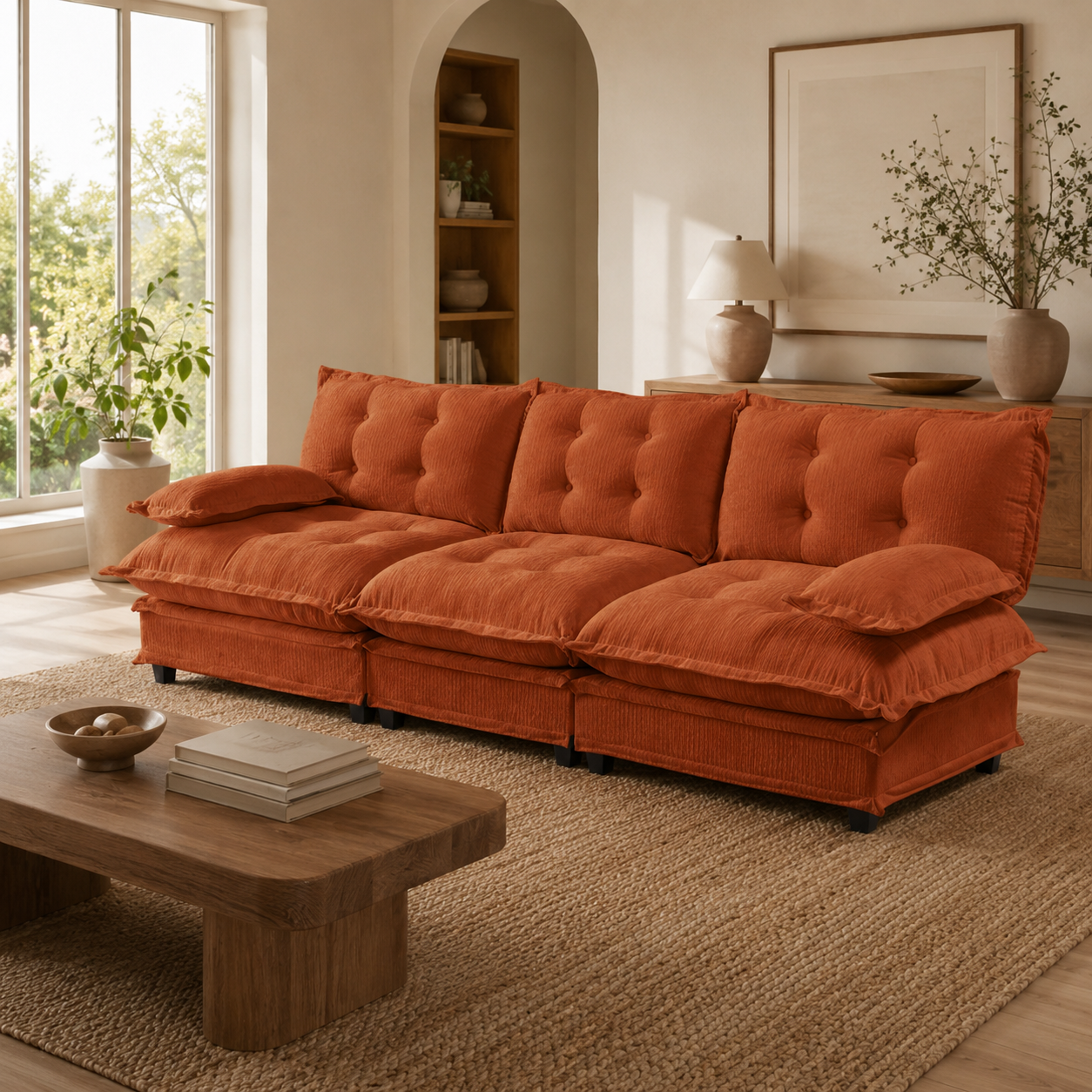 Chelsea 107" Tufted Chenille 3-Seater Modular Sofa Couch with Removable Armrest
