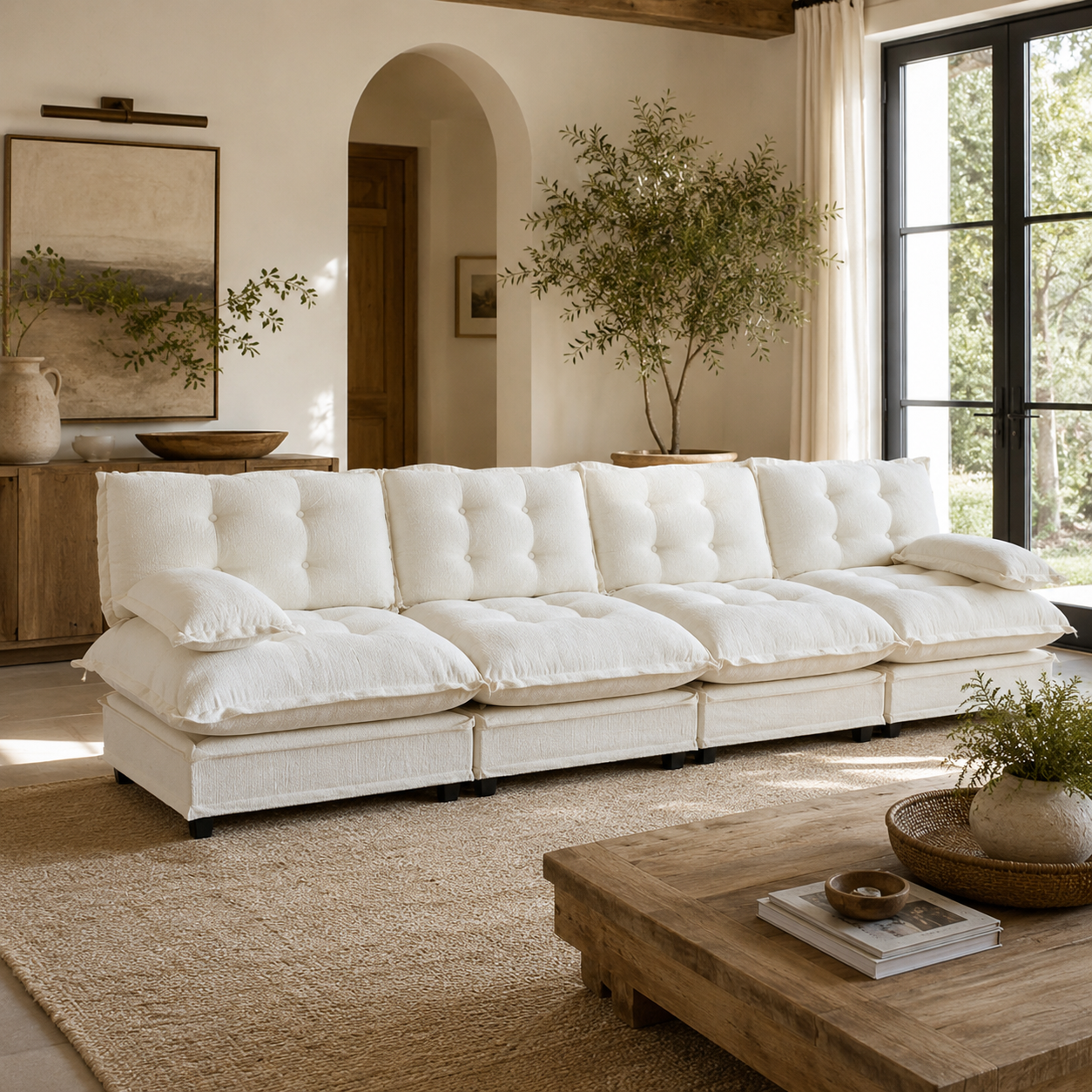 Chelsea 138" Tufted Chenille 4-Seater Modular Sofa with Removable Armrest