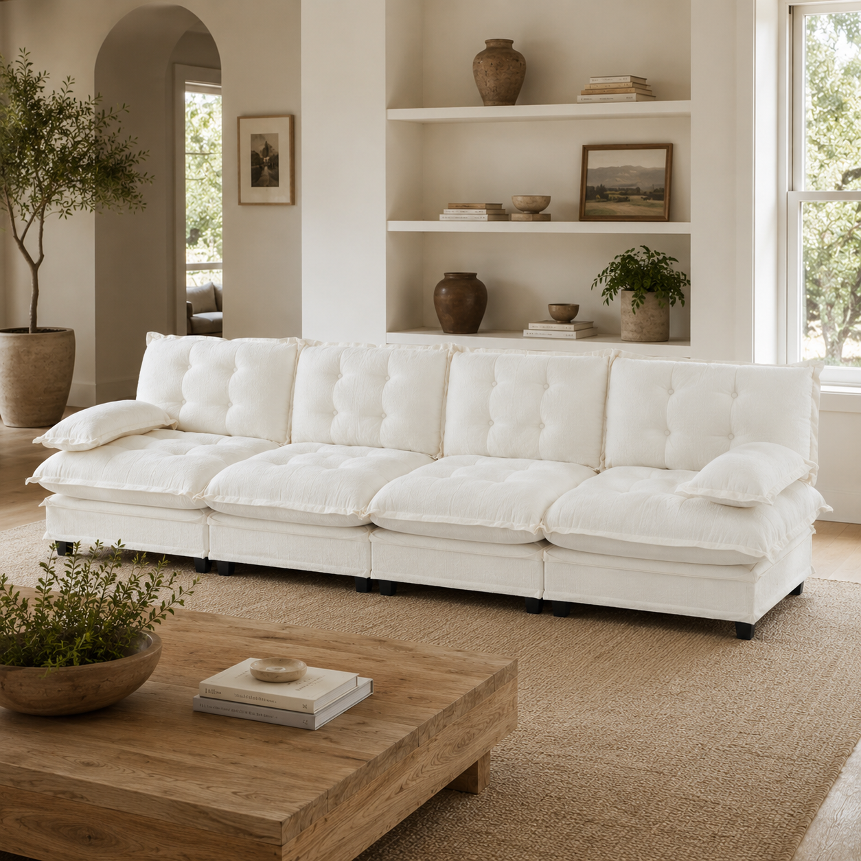 Chelsea 138" Tufted Chenille 4-Seater Modular Sofa with Removable Armrest
