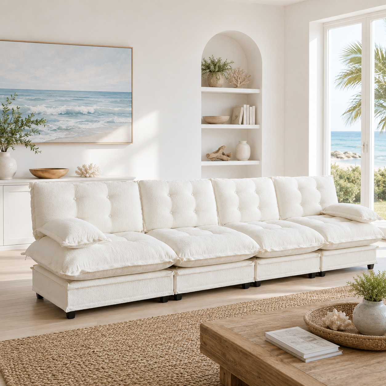 Chelsea 138" Tufted Chenille 4-Seater Modular Sofa with Removable Armrest