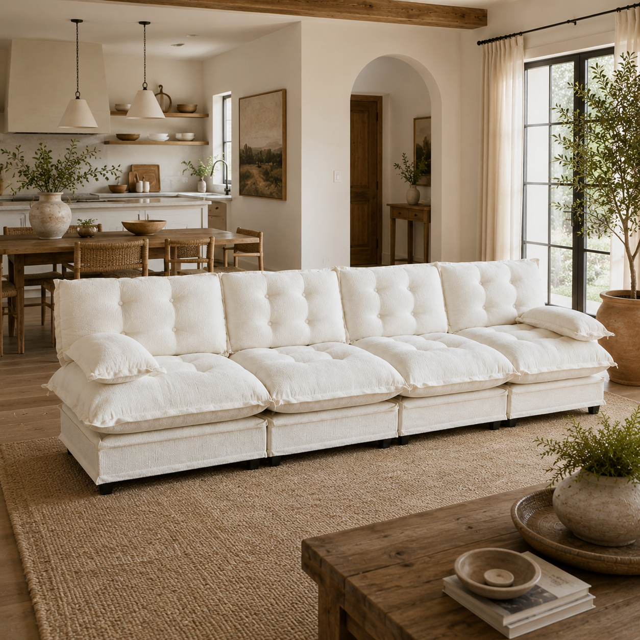 Chelsea 138" Tufted Chenille 4-Seater Modular Sofa with Removable Armrest