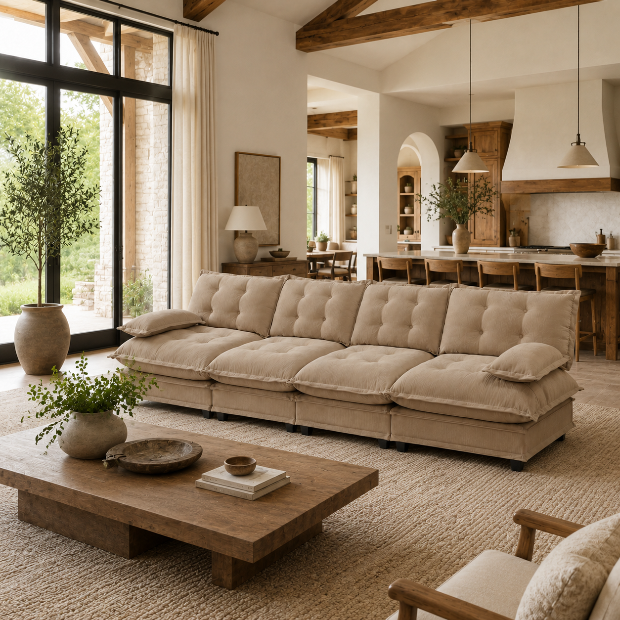Chelsea 138" Tufted Chenille 4-Seater Modular Sofa with Removable Armrest