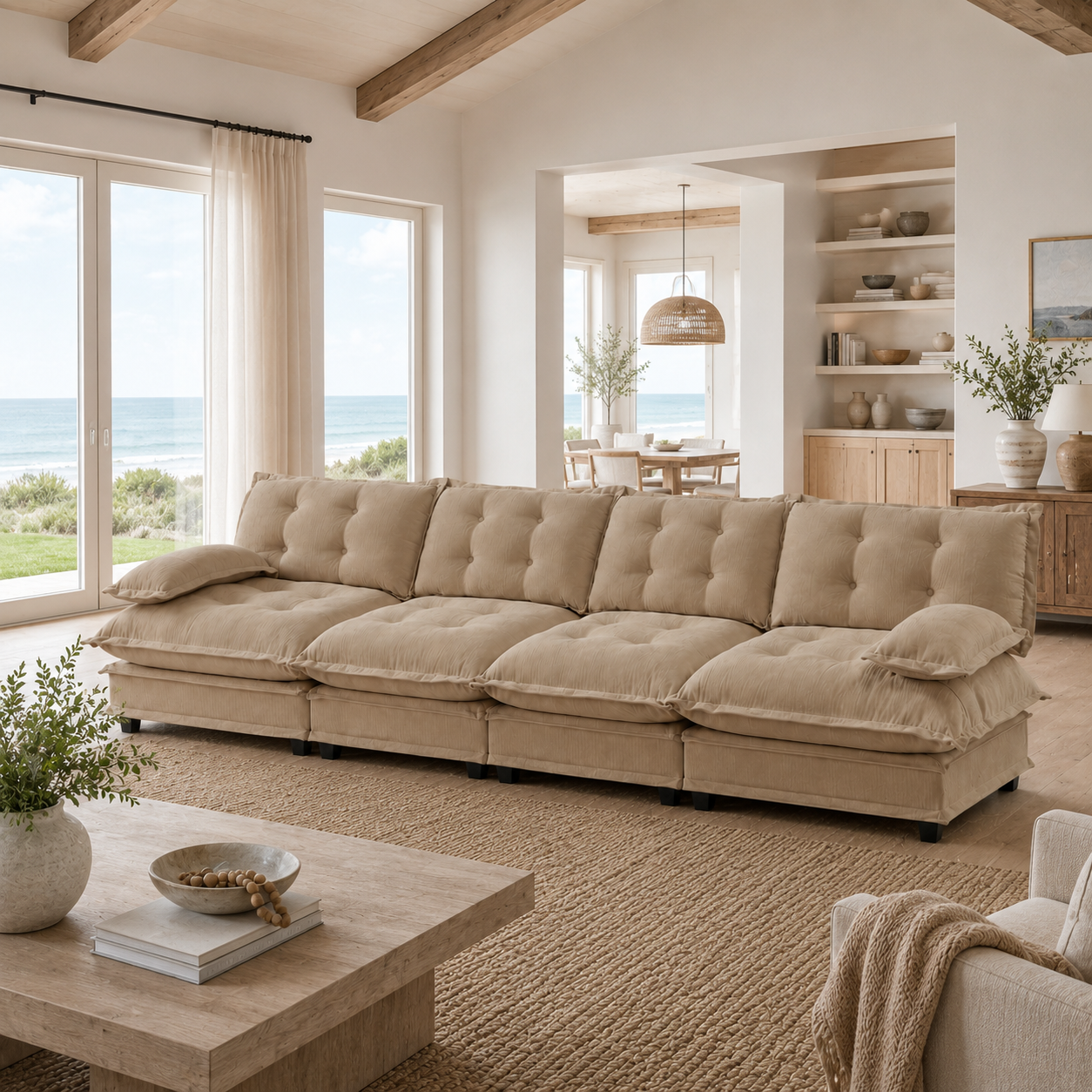 Chelsea 138" Tufted Chenille 4-Seater Modular Sofa with Removable Armrest