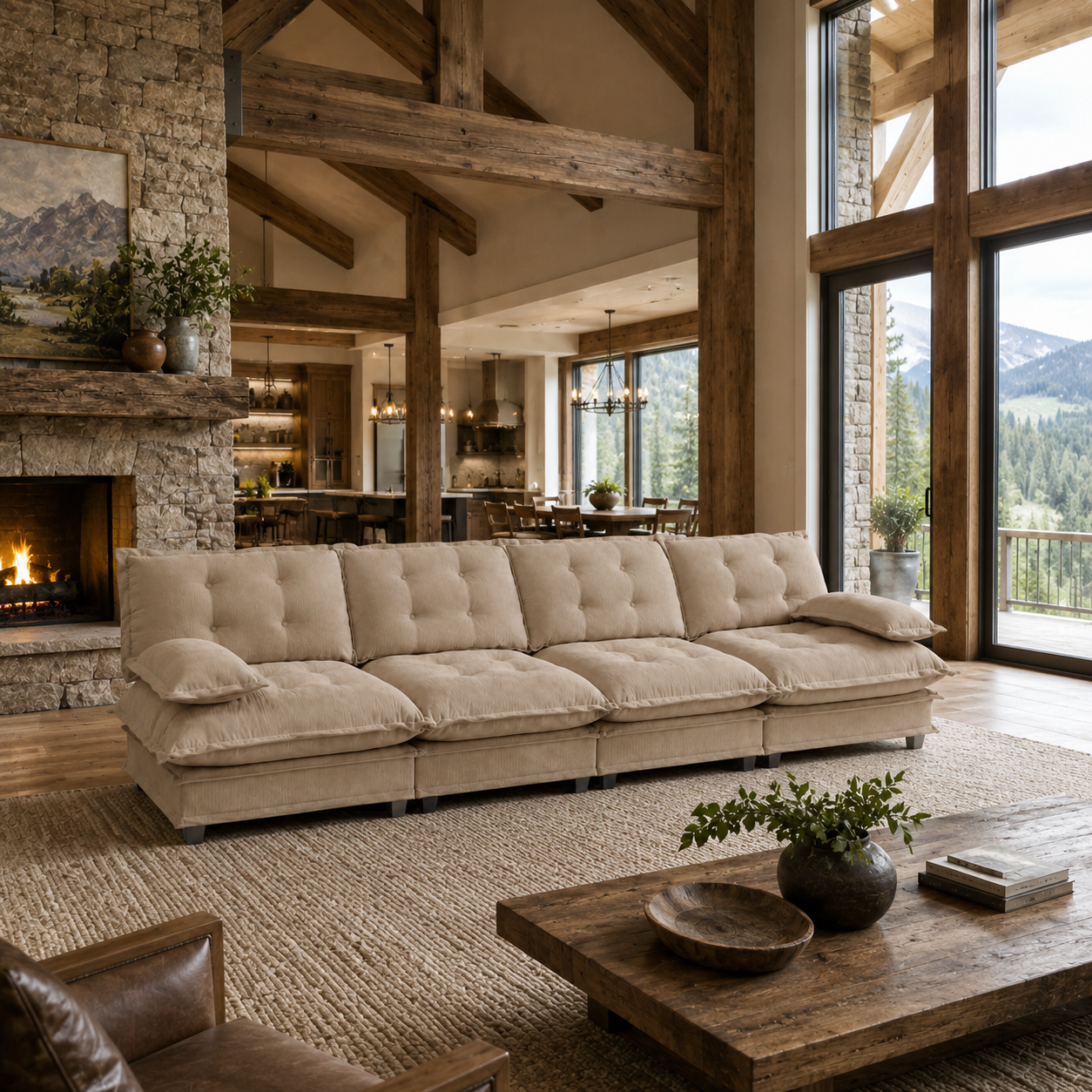 Chelsea 138" Tufted Chenille 4-Seater Modular Sofa with Removable Armrest
