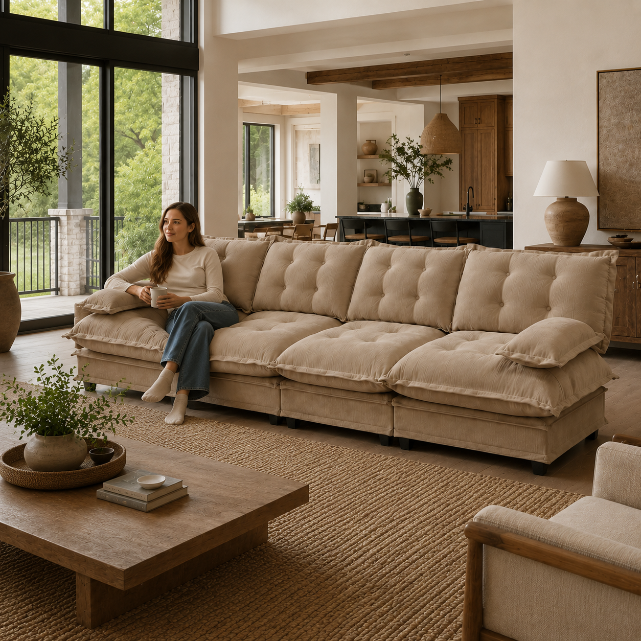 Chelsea 138" Tufted Chenille 4-Seater Modular Sofa with Removable Armrest