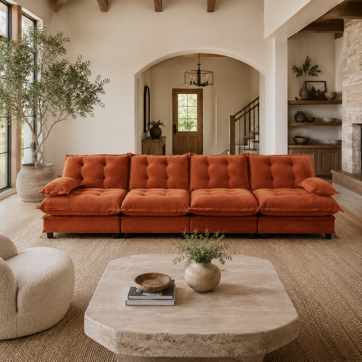 Chelsea 138" Tufted Chenille 4-Seater Modular Sofa with Removable Armrest