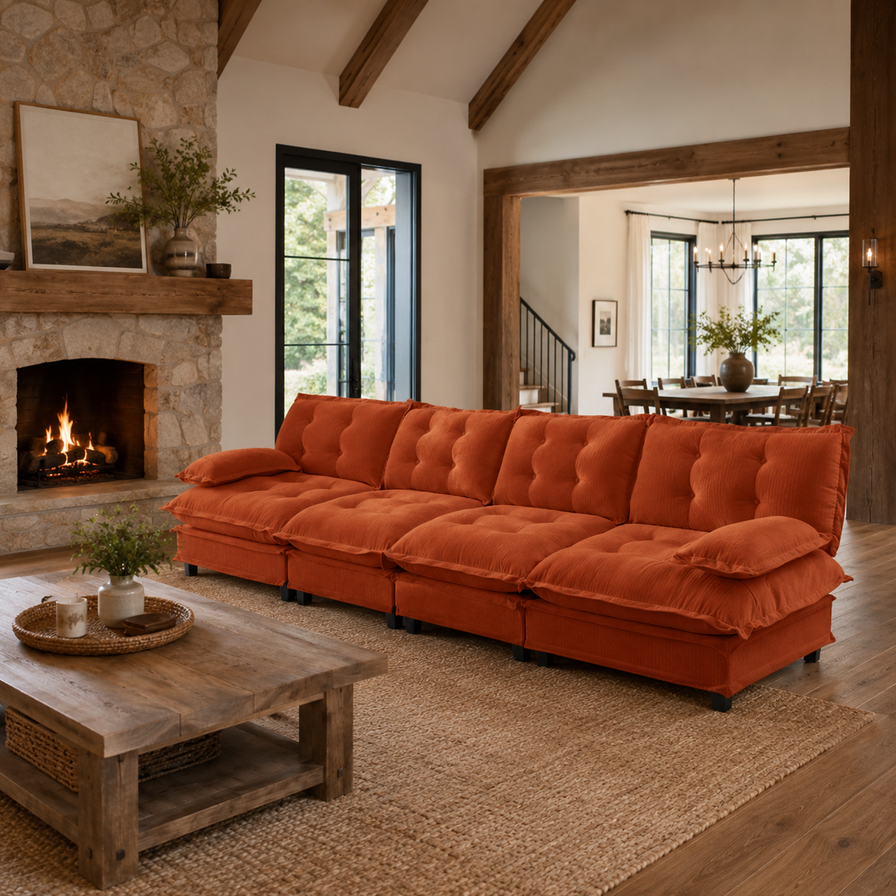 Chelsea 138" Tufted Chenille 4-Seater Modular Sofa with Removable Armrest