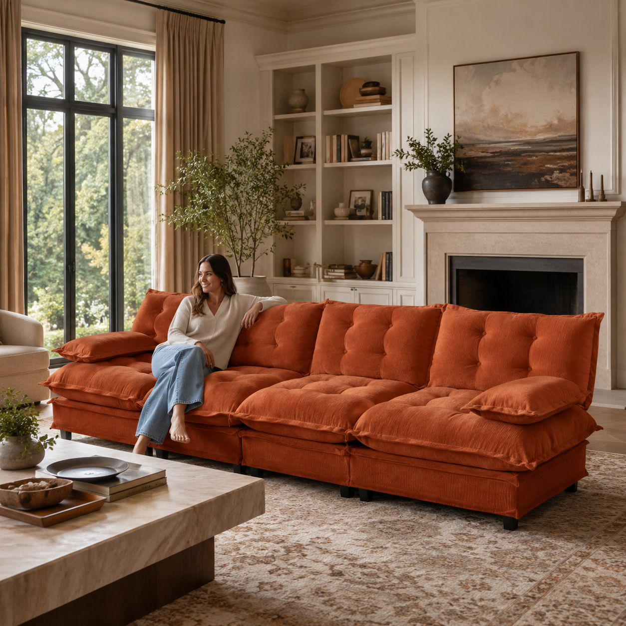 Chelsea 138" Tufted Chenille 4-Seater Modular Sofa with Removable Armrest