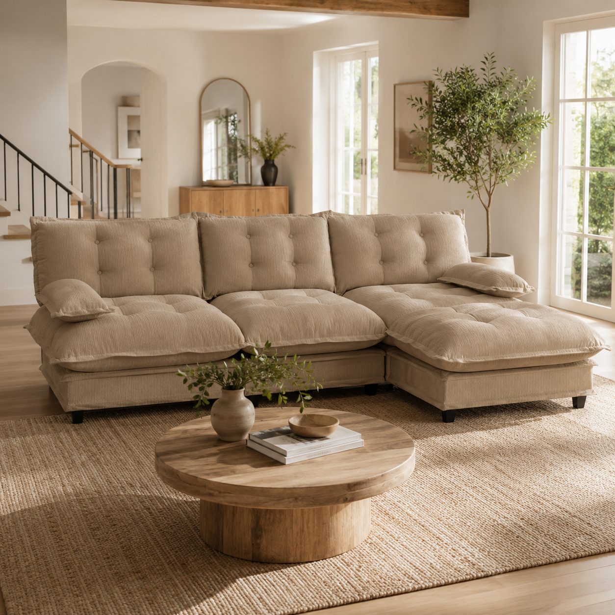 Chelsea 107" Tufted Chenille L-Shaped Modular Sectional Sofa with Ottoman
