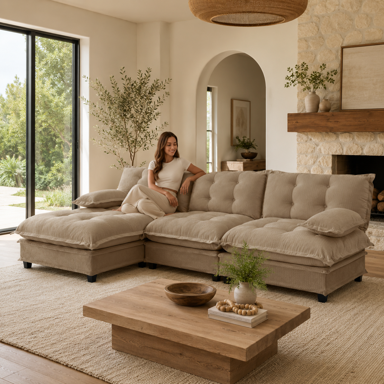 Chelsea 107" Tufted Chenille L-Shaped Modular Sectional Sofa with Ottoman