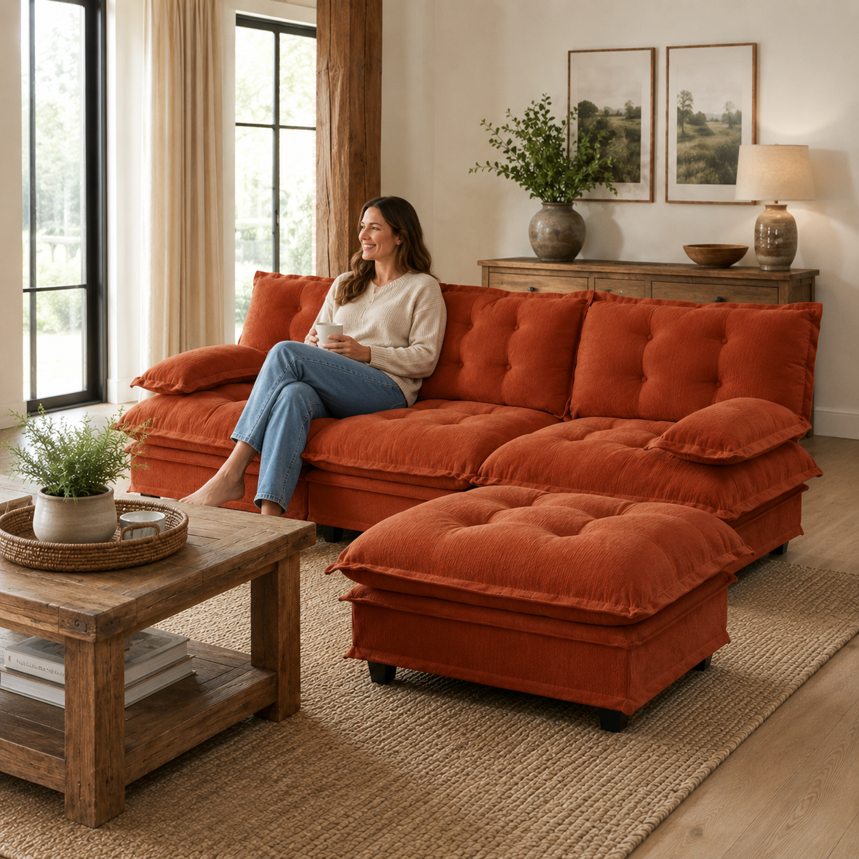Chelsea 107" Tufted Chenille L-Shaped Modular Sectional Sofa with Ottoman