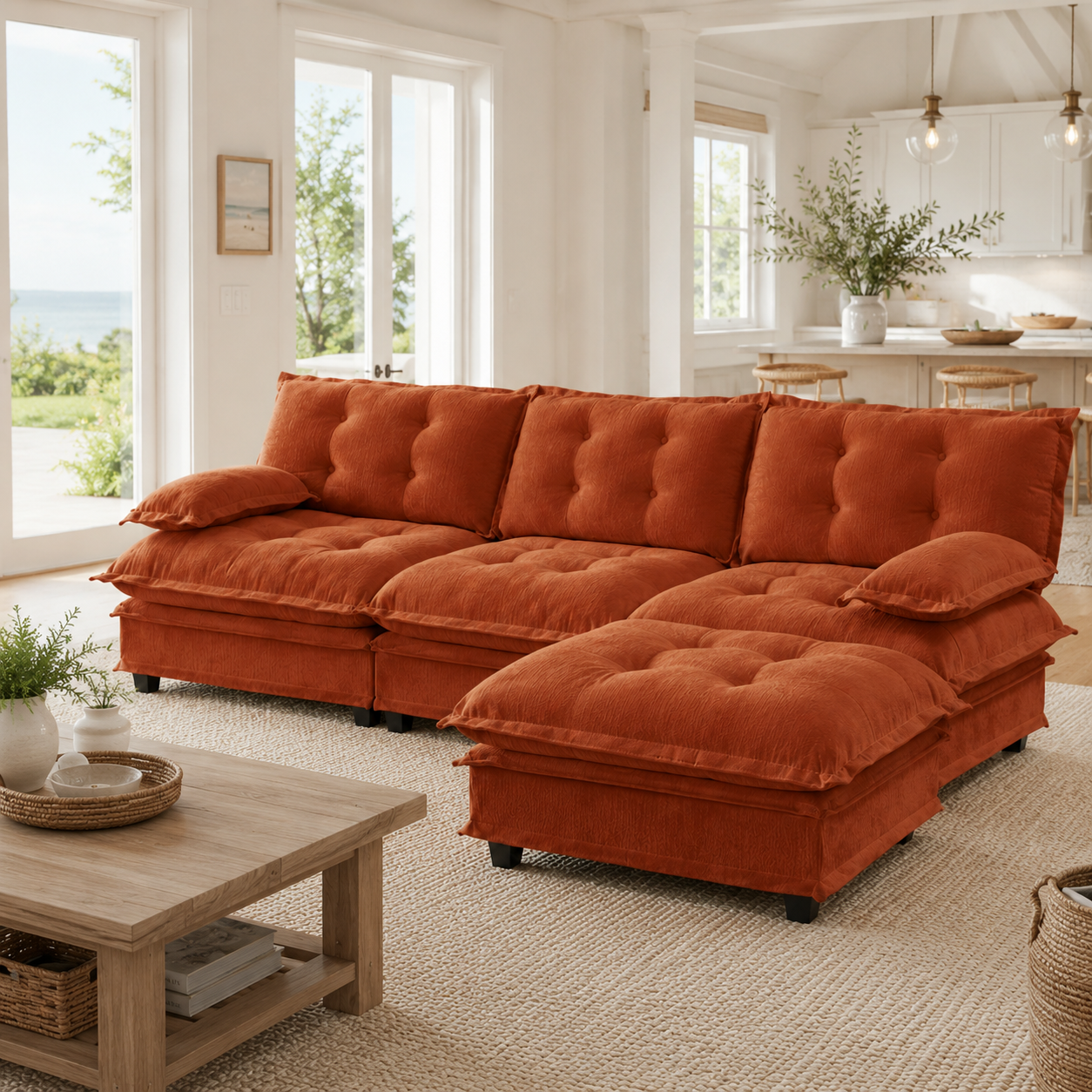 Chelsea 107" Tufted Chenille L-Shaped Modular Sectional Sofa with Ottoman
