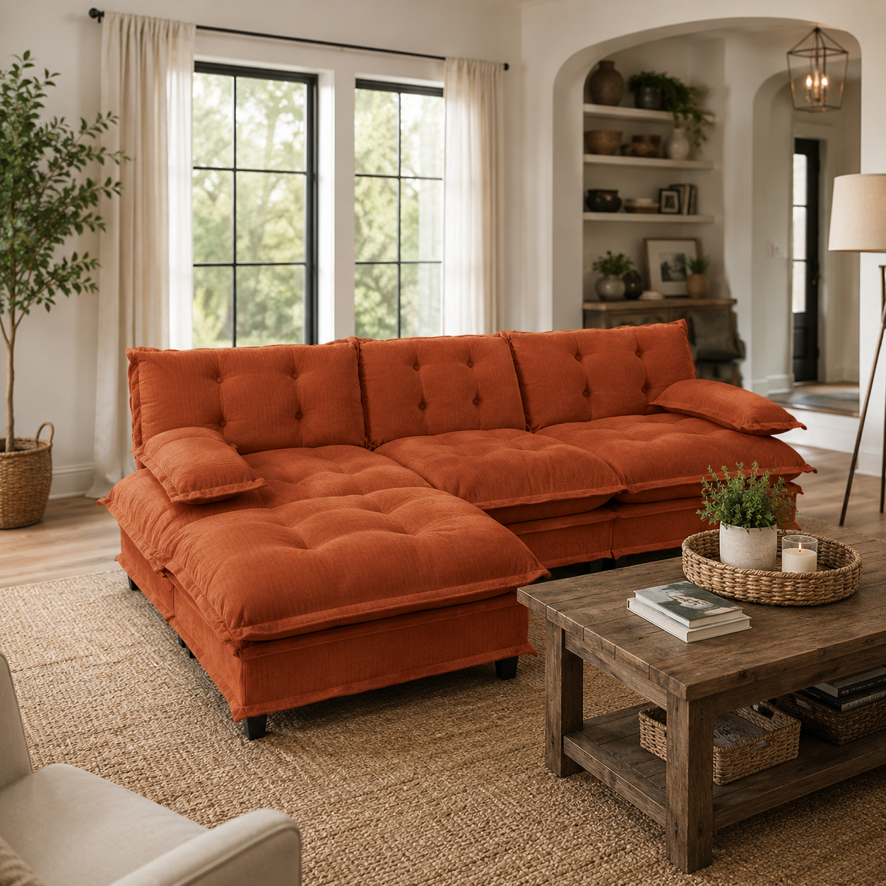 Chelsea 107" Tufted Chenille L-Shaped Modular Sectional Sofa with Ottoman