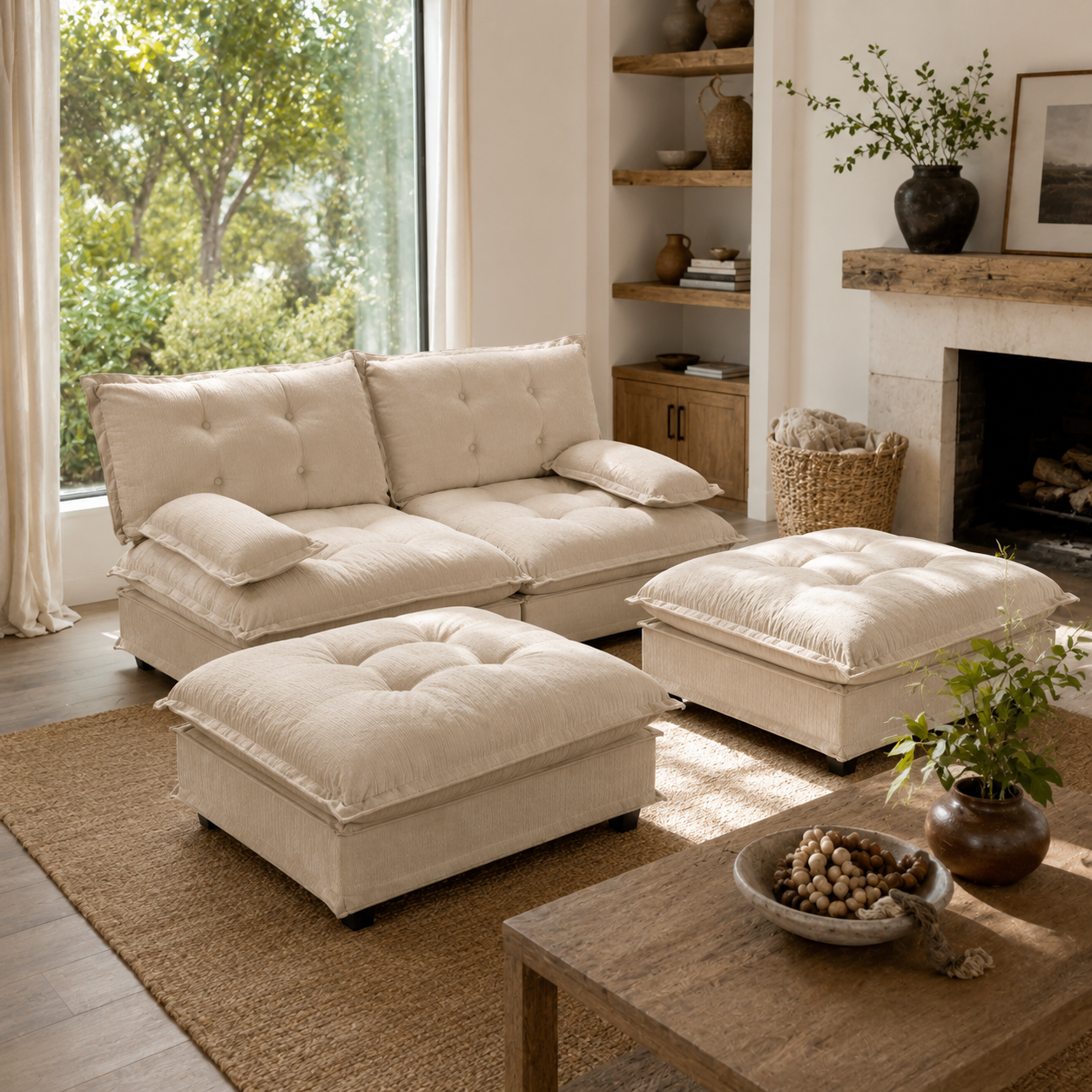 Chelsea 77" 4-Piece Cloud Tufted Chenille Modular Sofa Couch with Dual Ottomans