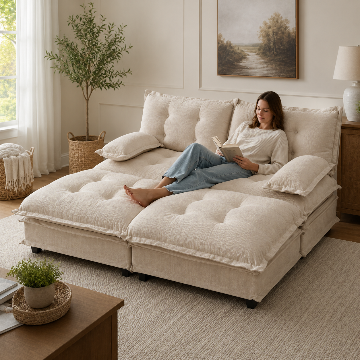 Chelsea 77" 4-Piece Cloud Tufted Chenille Modular Sofa Couch with Dual Ottomans