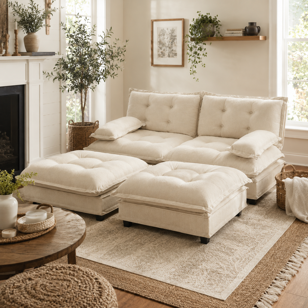 Chelsea 77" 4-Piece Cloud Tufted Chenille Modular Sofa Couch with Dual Ottomans
