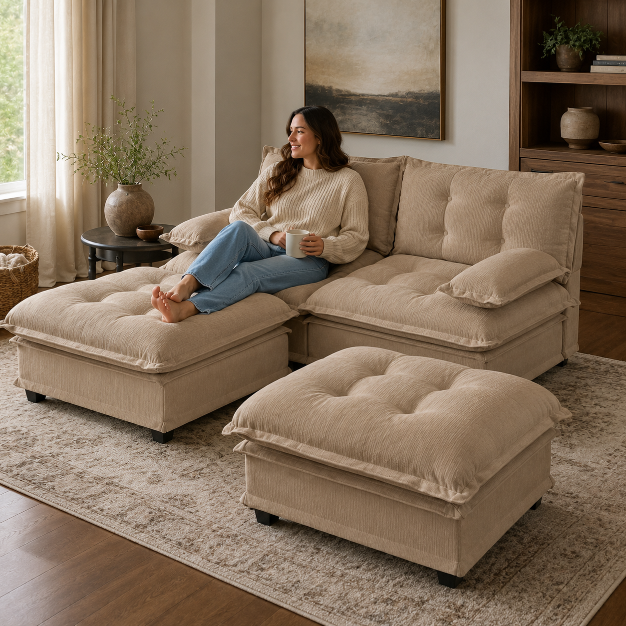 Chelsea 77" 4-Piece Cloud Tufted Chenille Modular Sofa Couch with Dual Ottomans