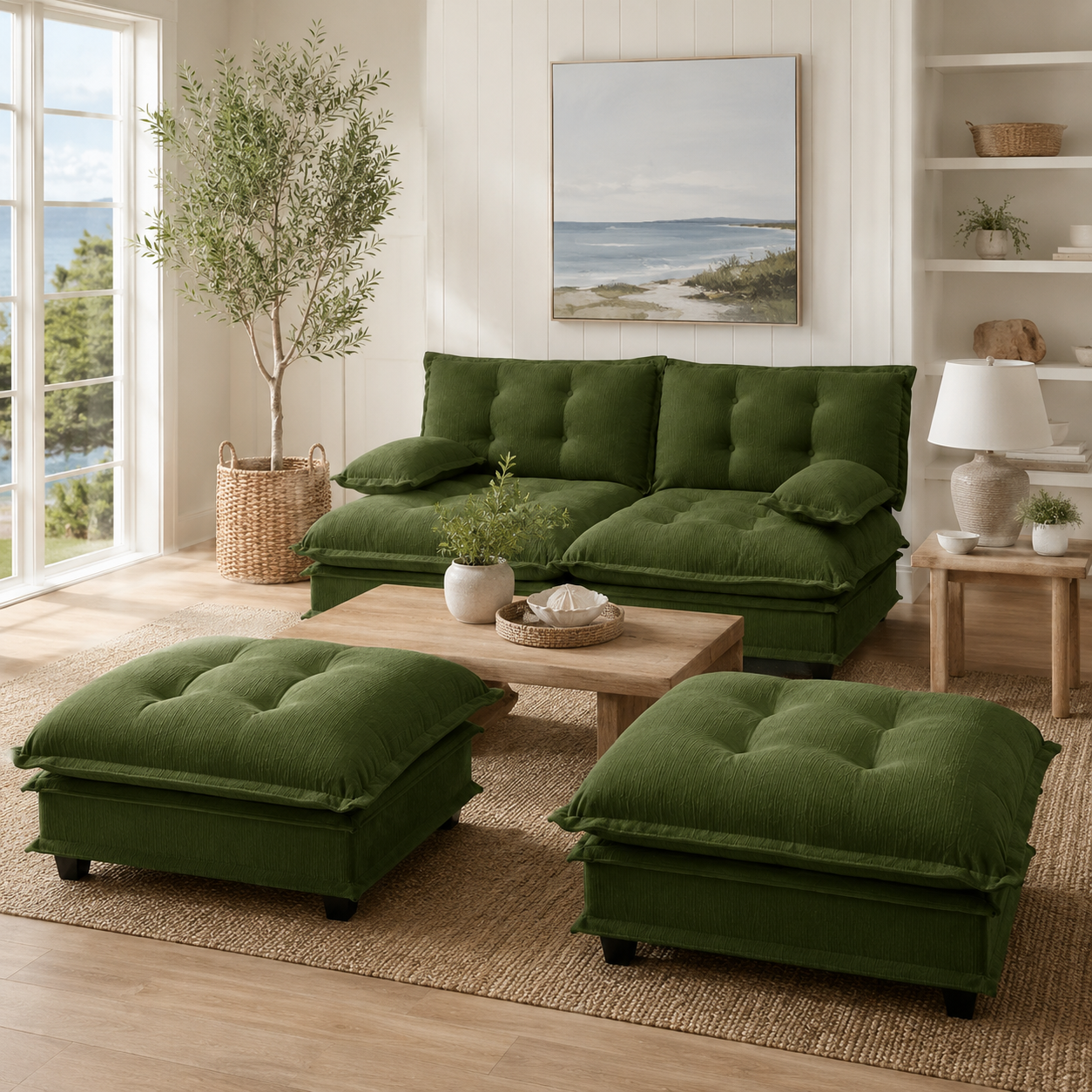 Chelsea 77" 4-Piece Cloud Tufted Chenille Modular Sofa Couch with Dual Ottomans