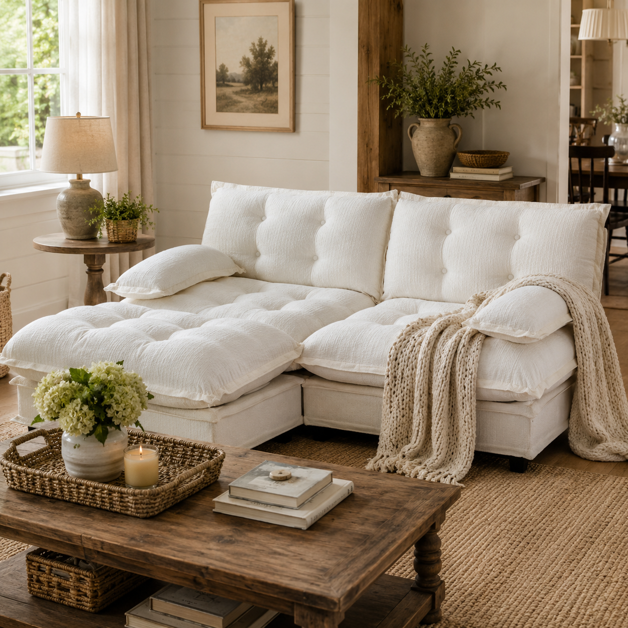 Chelsea 77" Tufted Chenille Modular L-Shaped Sofa with Ottoman