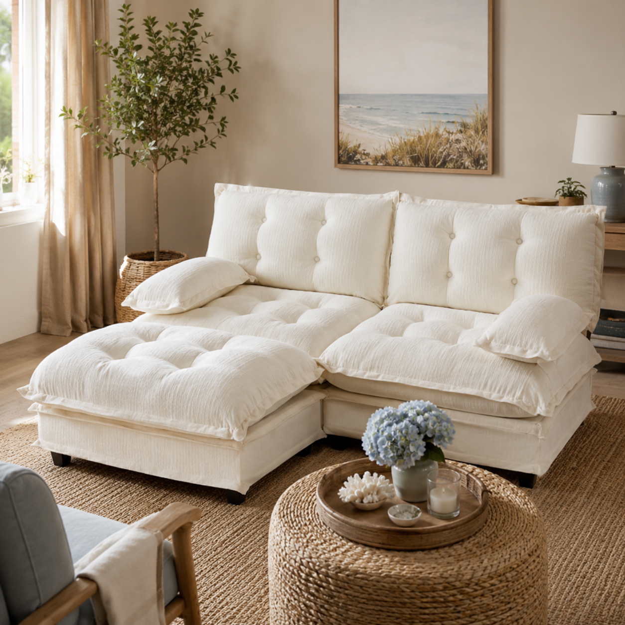 Chelsea 77" Tufted Chenille Modular L-Shaped Sofa with Ottoman