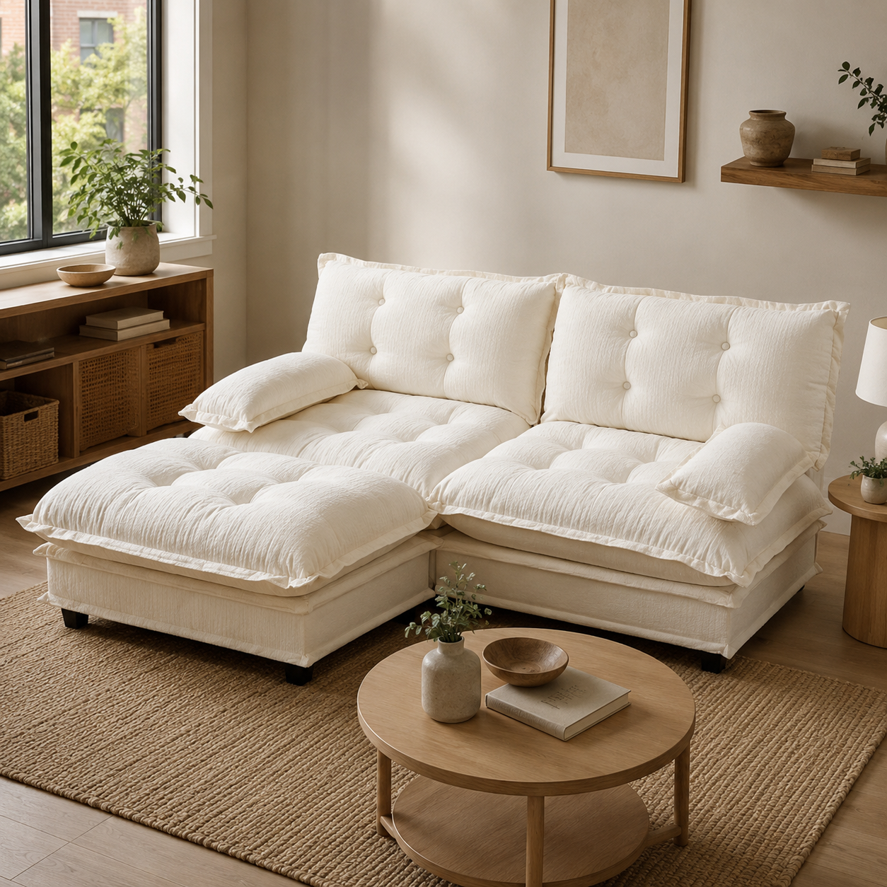 Chelsea 77" Tufted Chenille Modular L-Shaped Sofa with Ottoman