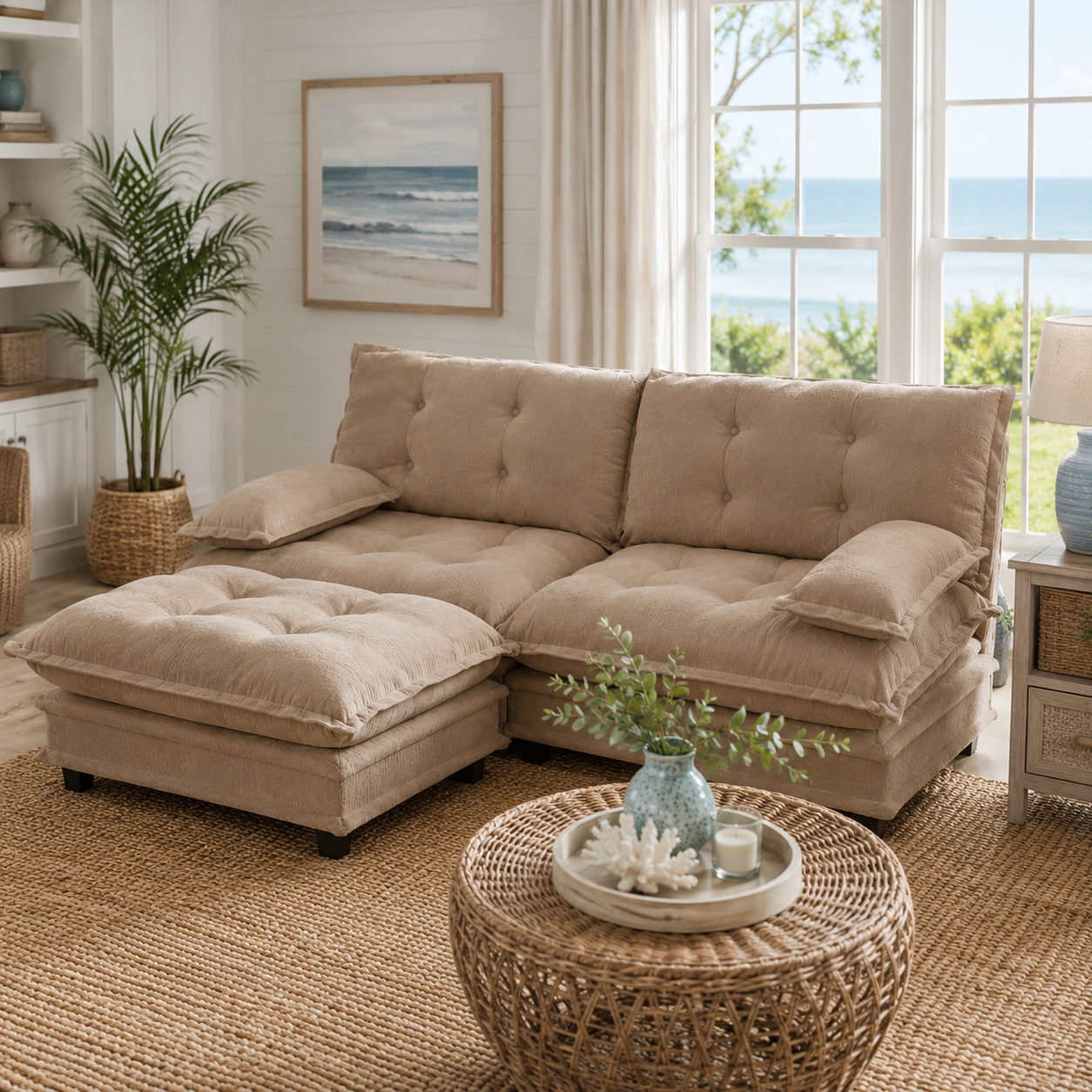 Chelsea 77" Tufted Chenille Modular L-Shaped Sofa with Ottoman